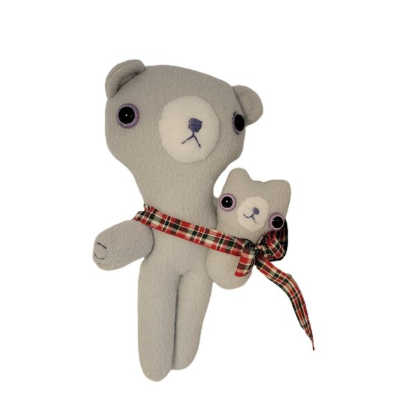 Felt Plush Bears Handmade Grey with Plaid Ribbon Stuffy Stuffed Teddy Bears - Picture 1 of 7
